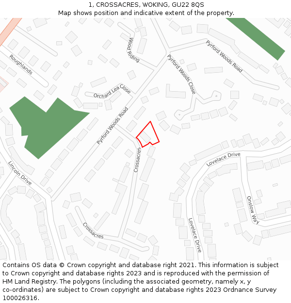 1, CROSSACRES, WOKING, GU22 8QS: Location map and indicative extent of plot