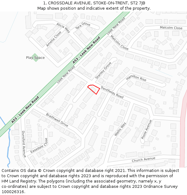 1, CROSSDALE AVENUE, STOKE-ON-TRENT, ST2 7JB: Location map and indicative extent of plot