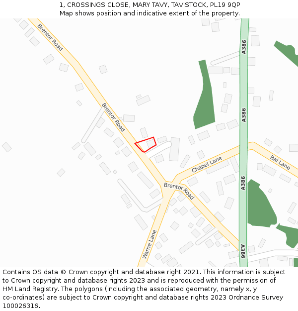 1, CROSSINGS CLOSE, MARY TAVY, TAVISTOCK, PL19 9QP: Location map and indicative extent of plot