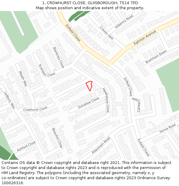 1, CROWHURST CLOSE, GUISBOROUGH, TS14 7PD: Location map and indicative extent of plot