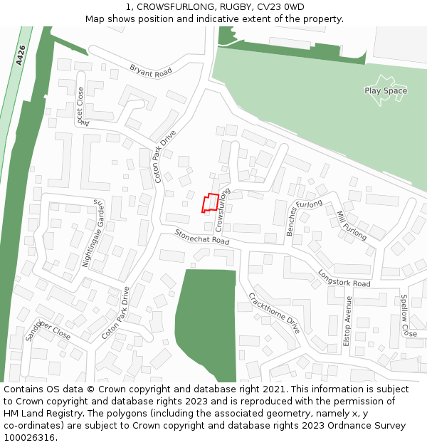 1, CROWSFURLONG, RUGBY, CV23 0WD: Location map and indicative extent of plot