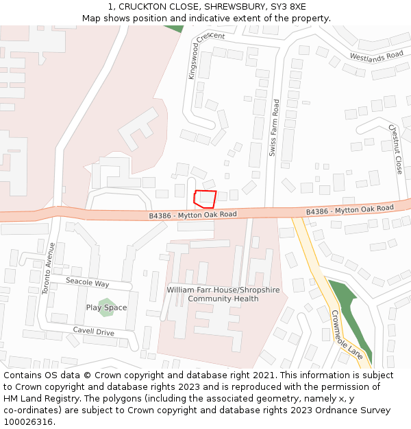 1, CRUCKTON CLOSE, SHREWSBURY, SY3 8XE: Location map and indicative extent of plot