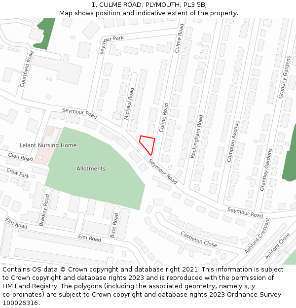 1, CULME ROAD, PLYMOUTH, PL3 5BJ: Location map and indicative extent of plot