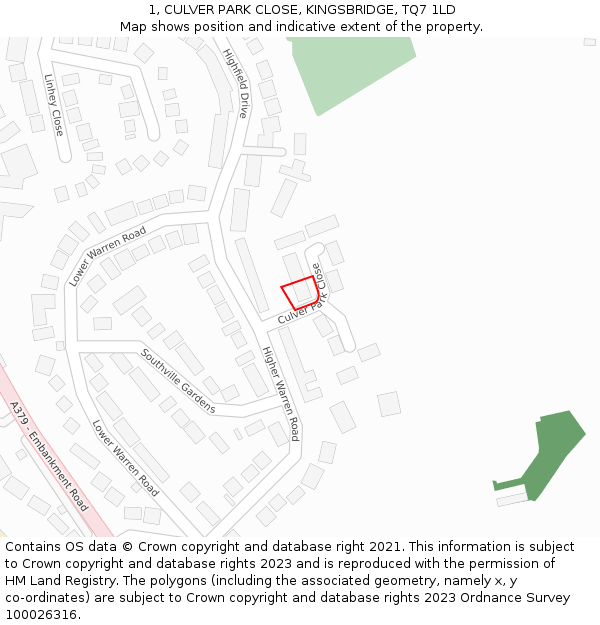 1, CULVER PARK CLOSE, KINGSBRIDGE, TQ7 1LD: Location map and indicative extent of plot