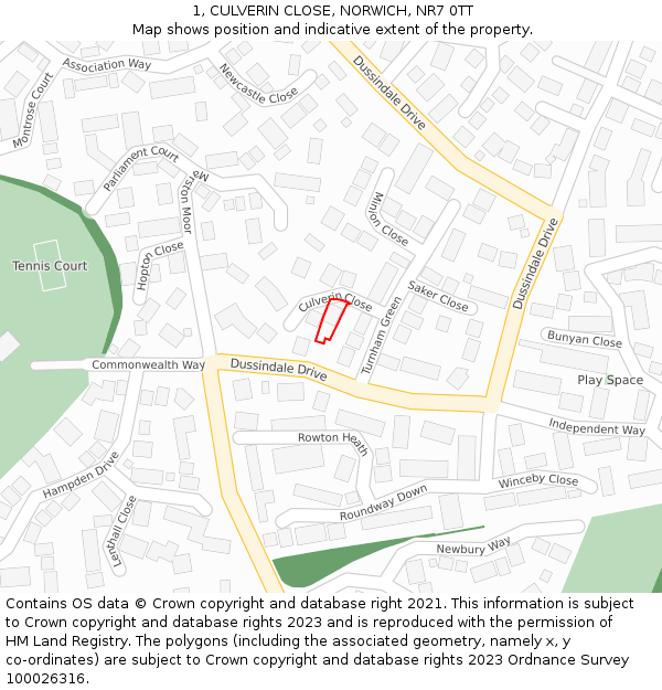 1, CULVERIN CLOSE, NORWICH, NR7 0TT: Location map and indicative extent of plot