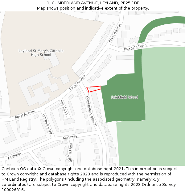 1, CUMBERLAND AVENUE, LEYLAND, PR25 1BE: Location map and indicative extent of plot