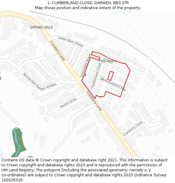 1, CUMBERLAND CLOSE, DARWEN, BB3 2TR: Location map and indicative extent of plot