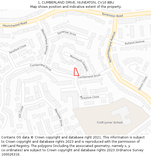 1, CUMBERLAND DRIVE, NUNEATON, CV10 8BU: Location map and indicative extent of plot