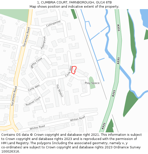 1, CUMBRIA COURT, FARNBOROUGH, GU14 6TB: Location map and indicative extent of plot