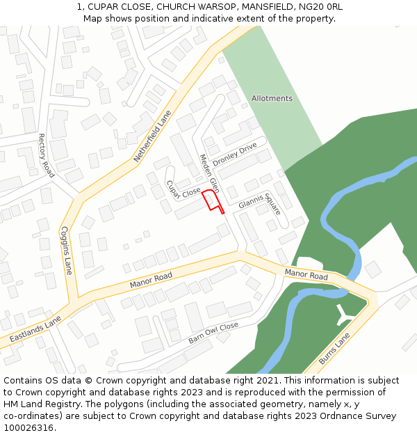 1, CUPAR CLOSE, CHURCH WARSOP, MANSFIELD, NG20 0RL: Location map and indicative extent of plot