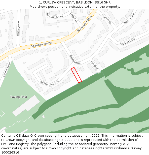 1, CURLEW CRESCENT, BASILDON, SS16 5HR: Location map and indicative extent of plot