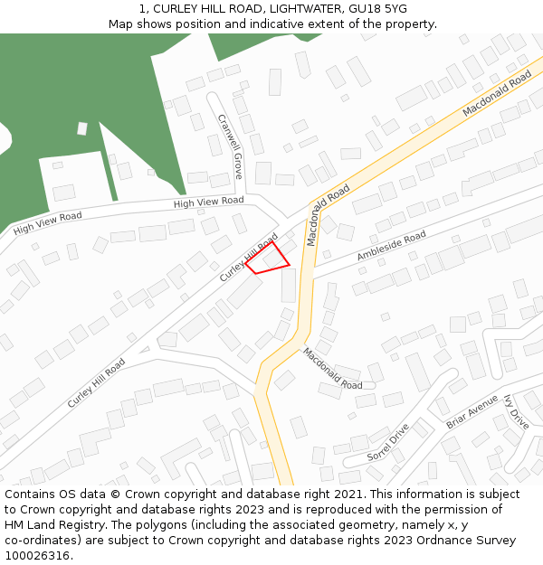 1, CURLEY HILL ROAD, LIGHTWATER, GU18 5YG: Location map and indicative extent of plot