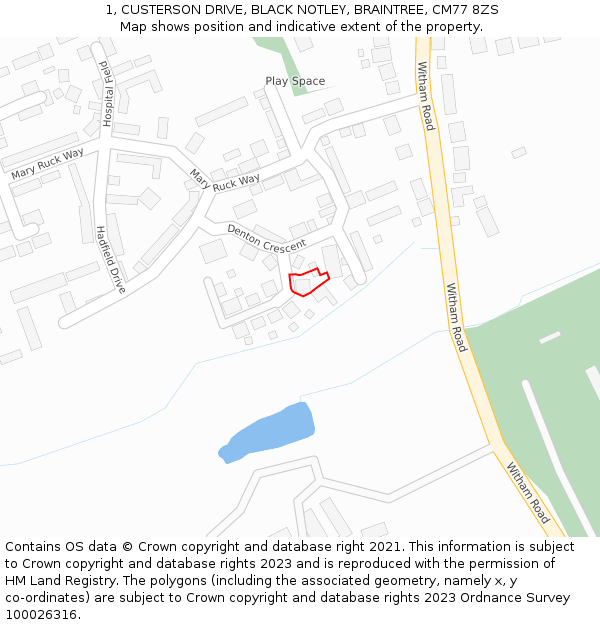 1, CUSTERSON DRIVE, BLACK NOTLEY, BRAINTREE, CM77 8ZS: Location map and indicative extent of plot