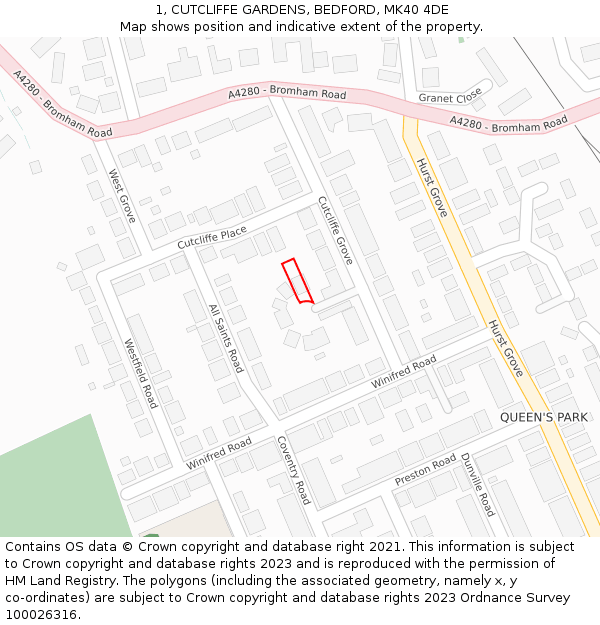 1, CUTCLIFFE GARDENS, BEDFORD, MK40 4DE: Location map and indicative extent of plot