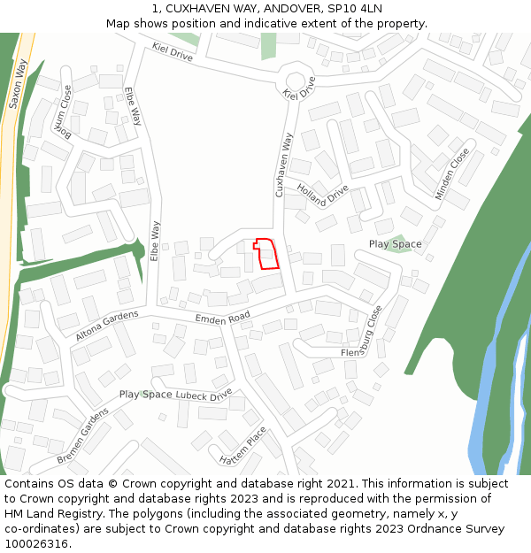 1, CUXHAVEN WAY, ANDOVER, SP10 4LN: Location map and indicative extent of plot