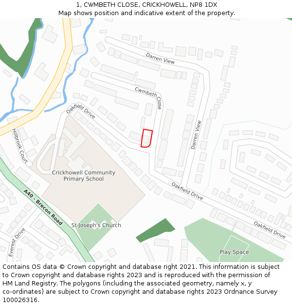 1, CWMBETH CLOSE, CRICKHOWELL, NP8 1DX: Location map and indicative extent of plot