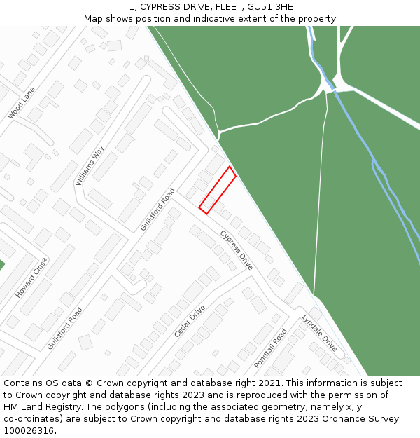 1, CYPRESS DRIVE, FLEET, GU51 3HE: Location map and indicative extent of plot