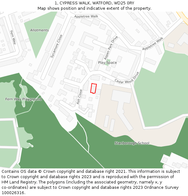 1, CYPRESS WALK, WATFORD, WD25 0RY: Location map and indicative extent of plot