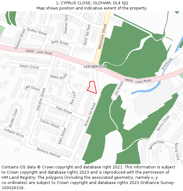 1, CYPRUS CLOSE, OLDHAM, OL4 5JQ: Location map and indicative extent of plot