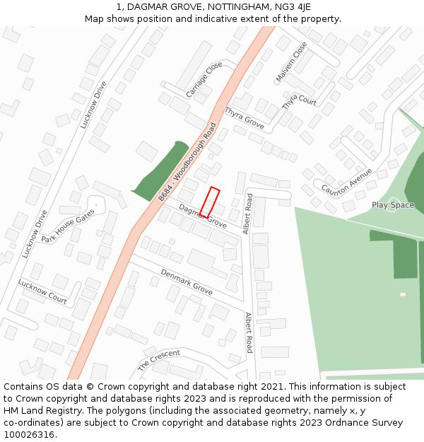 1, DAGMAR GROVE, NOTTINGHAM, NG3 4JE: Location map and indicative extent of plot