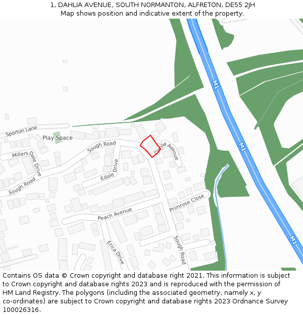 1, DAHLIA AVENUE, SOUTH NORMANTON, ALFRETON, DE55 2JH: Location map and indicative extent of plot
