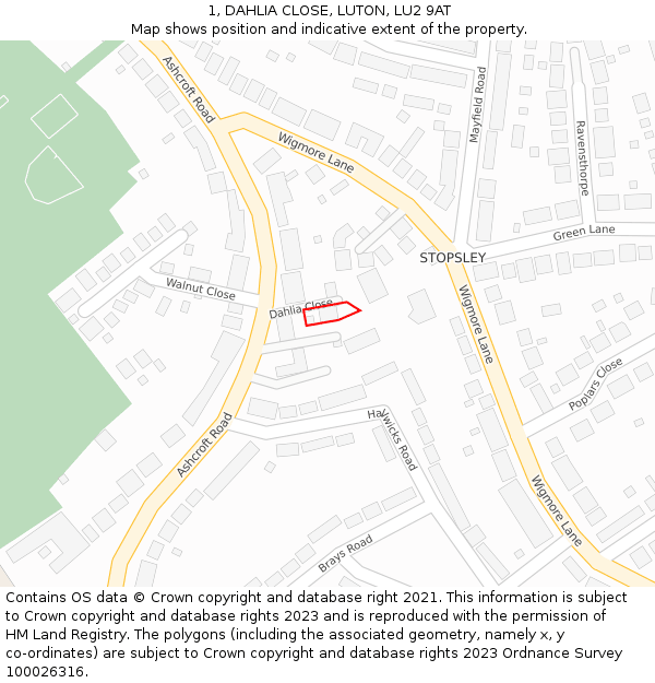 1, DAHLIA CLOSE, LUTON, LU2 9AT: Location map and indicative extent of plot