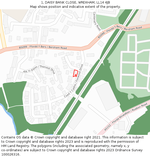 1, DAISY BANK CLOSE, WREXHAM, LL14 4JB: Location map and indicative extent of plot