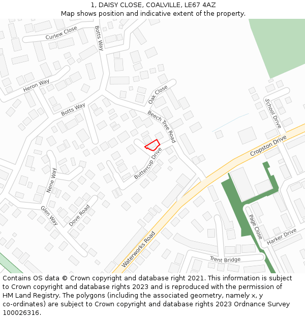 1, DAISY CLOSE, COALVILLE, LE67 4AZ: Location map and indicative extent of plot