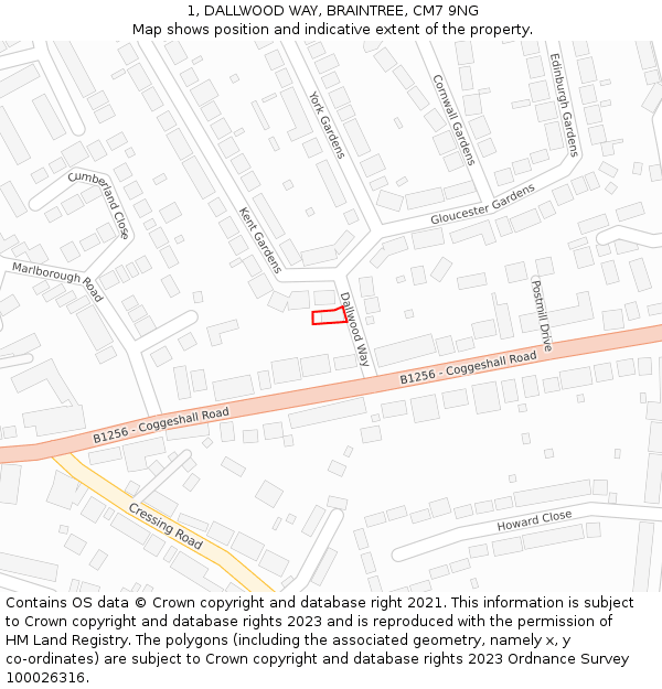 1, DALLWOOD WAY, BRAINTREE, CM7 9NG: Location map and indicative extent of plot