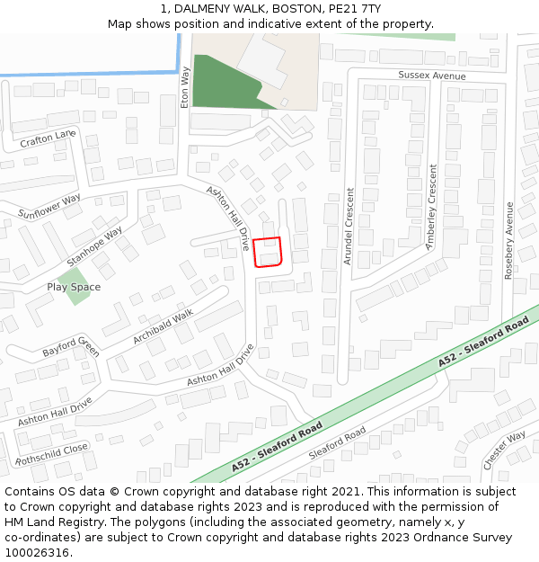 1, DALMENY WALK, BOSTON, PE21 7TY: Location map and indicative extent of plot