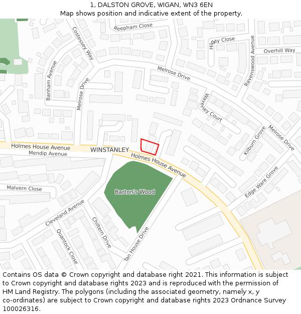 1, DALSTON GROVE, WIGAN, WN3 6EN: Location map and indicative extent of plot