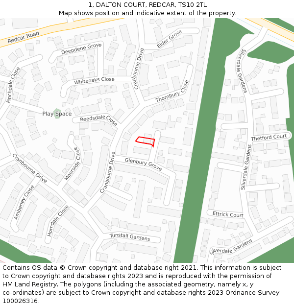 1, DALTON COURT, REDCAR, TS10 2TL: Location map and indicative extent of plot