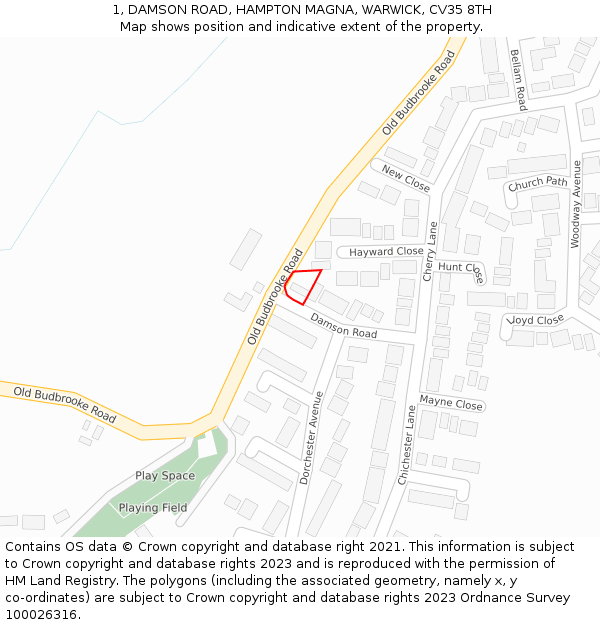 1, DAMSON ROAD, HAMPTON MAGNA, WARWICK, CV35 8TH: Location map and indicative extent of plot