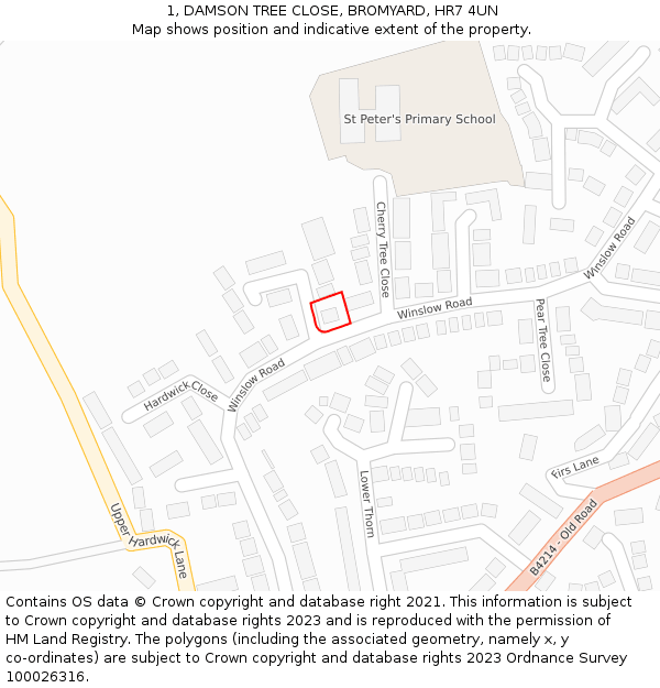 1, DAMSON TREE CLOSE, BROMYARD, HR7 4UN: Location map and indicative extent of plot