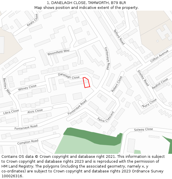 1, DANELAGH CLOSE, TAMWORTH, B79 8LR: Location map and indicative extent of plot