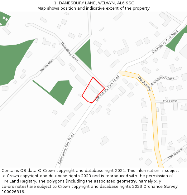 1, DANESBURY LANE, WELWYN, AL6 9SG: Location map and indicative extent of plot