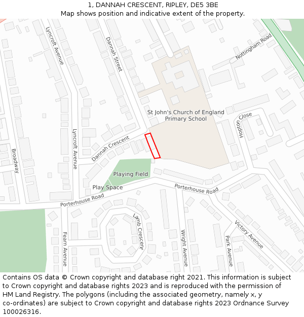 1, DANNAH CRESCENT, RIPLEY, DE5 3BE: Location map and indicative extent of plot