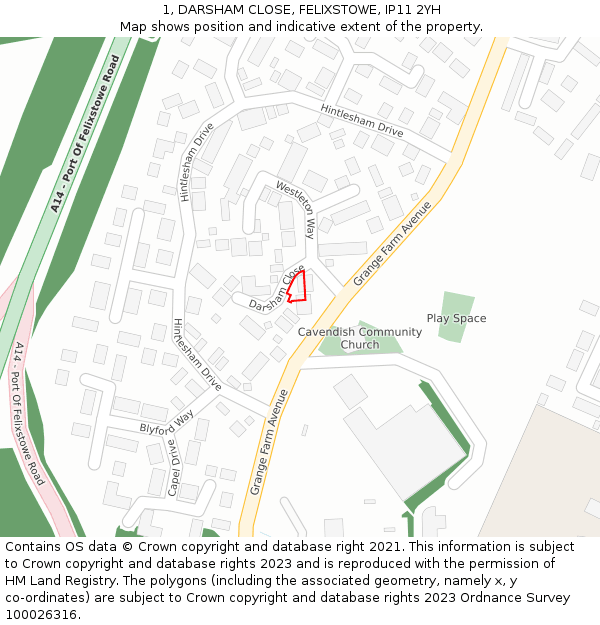 1, DARSHAM CLOSE, FELIXSTOWE, IP11 2YH: Location map and indicative extent of plot