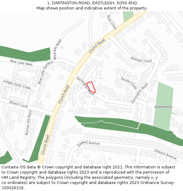 1, DARTINGTON ROAD, EASTLEIGH, SO50 6NQ: Location map and indicative extent of plot