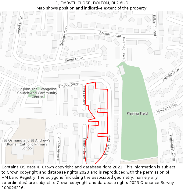 1, DARVEL CLOSE, BOLTON, BL2 6UD: Location map and indicative extent of plot
