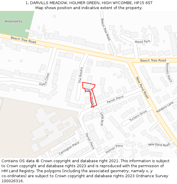 1, DARVILLS MEADOW, HOLMER GREEN, HIGH WYCOMBE, HP15 6ST: Location map and indicative extent of plot