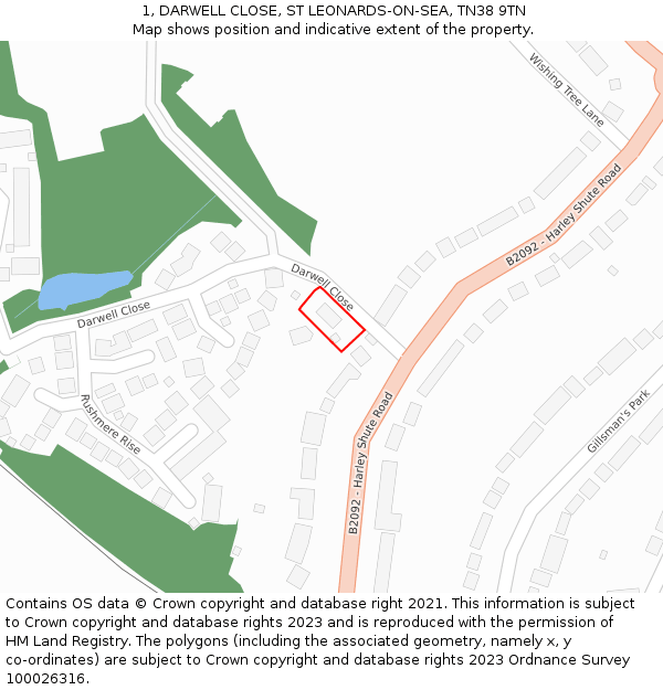 1, DARWELL CLOSE, ST LEONARDS-ON-SEA, TN38 9TN: Location map and indicative extent of plot