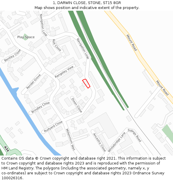 1, DARWIN CLOSE, STONE, ST15 8GR: Location map and indicative extent of plot