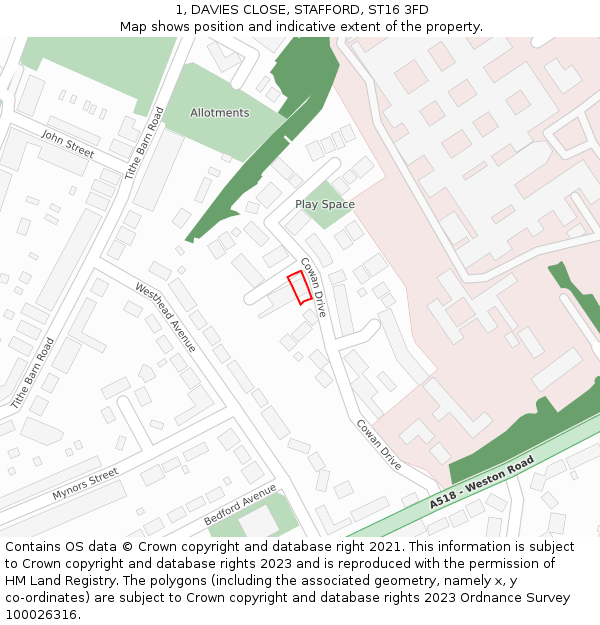 1, DAVIES CLOSE, STAFFORD, ST16 3FD: Location map and indicative extent of plot