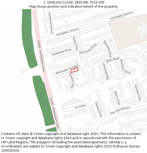 1, DAWLISH CLOSE, REDCAR, TS10 4GF: Location map and indicative extent of plot