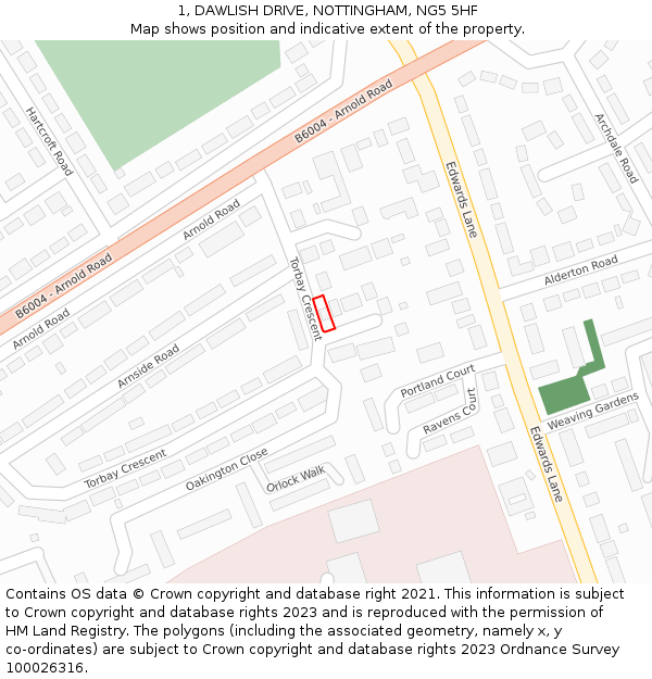 1, DAWLISH DRIVE, NOTTINGHAM, NG5 5HF: Location map and indicative extent of plot