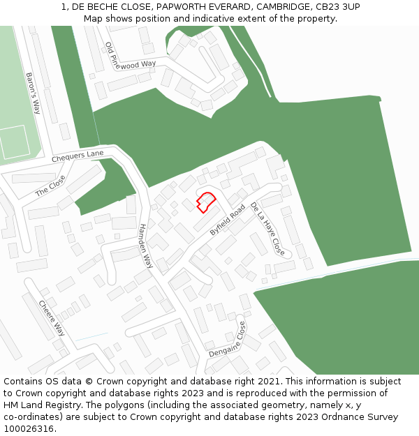 1, DE BECHE CLOSE, PAPWORTH EVERARD, CAMBRIDGE, CB23 3UP: Location map and indicative extent of plot