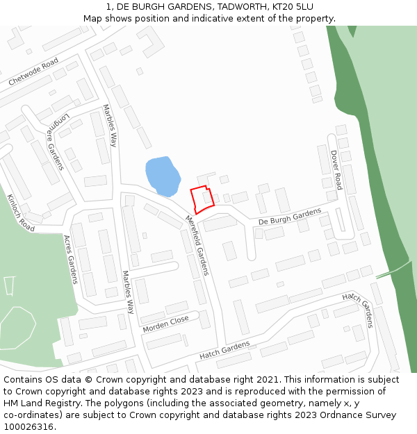 1, DE BURGH GARDENS, TADWORTH, KT20 5LU: Location map and indicative extent of plot