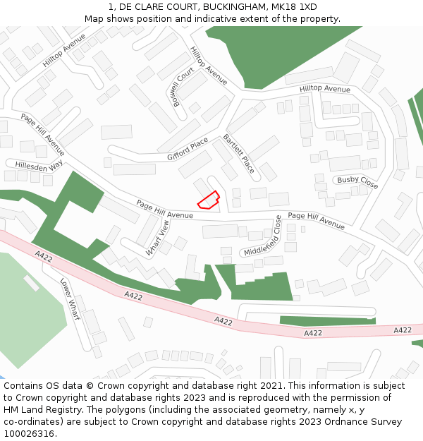 1, DE CLARE COURT, BUCKINGHAM, MK18 1XD: Location map and indicative extent of plot