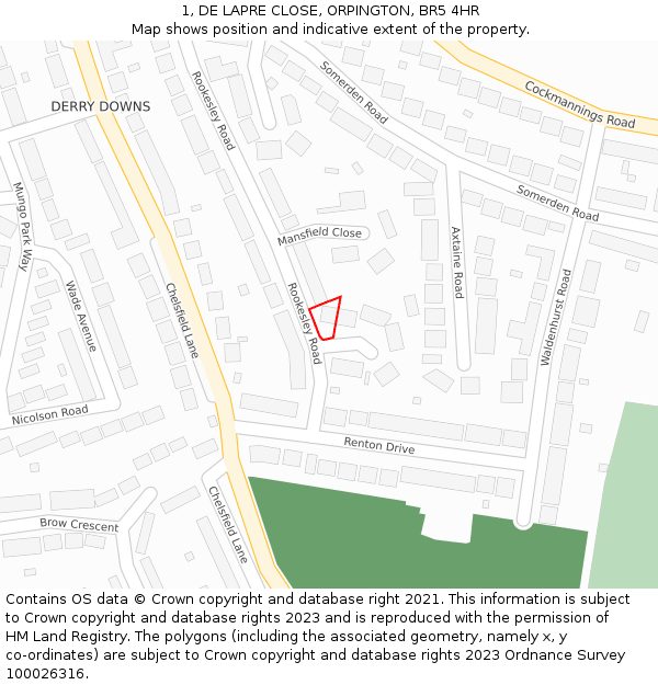 1, DE LAPRE CLOSE, ORPINGTON, BR5 4HR: Location map and indicative extent of plot